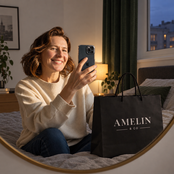 Klientka Amelin & Co robi selfie w lustrze z czarna torba z logo