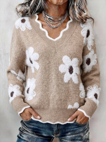 Ellsbeth | Dzianinowy sweter w kwiaty z falistym dekoltem V