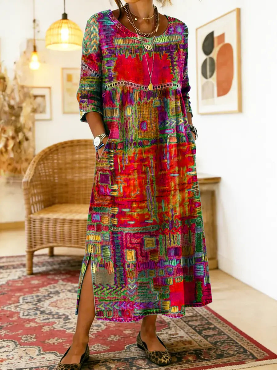 Manuela | Jeansowa sukienka patchwork w etniczne wzory