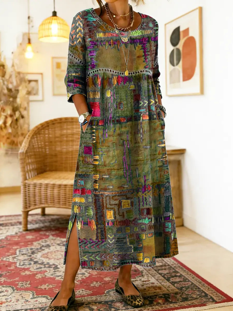 Manuela | Jeansowa sukienka patchwork w etniczne wzory