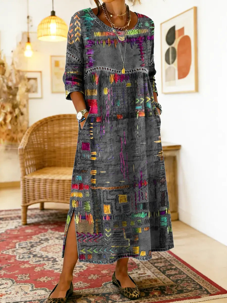 Manuela | Jeansowa sukienka patchwork w etniczne wzory