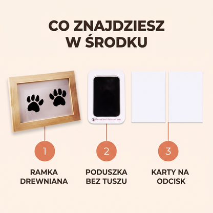 Co znajdziesz w środku: ramka drewniana, poduszka bez tuszu, karty na odcisk