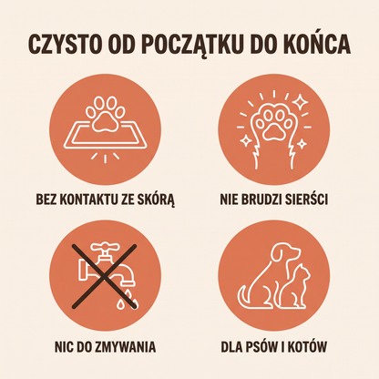 Czysto od początku do końca: bez kontaktu ze skórą, nie brudzi sierści, nic do zmywania, dla psów i kotów