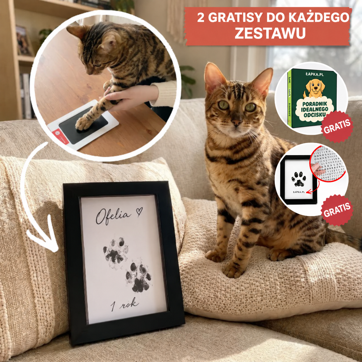 Zestaw na odcisk łapki: ramka z odciskiem, kot na kanapie, 2 gratisy