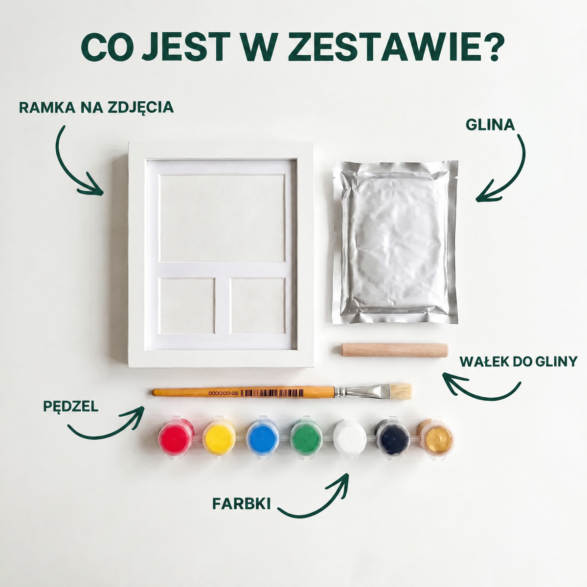 Co jest w zestawie: ramka, glina, wałek, pędzel, farbki