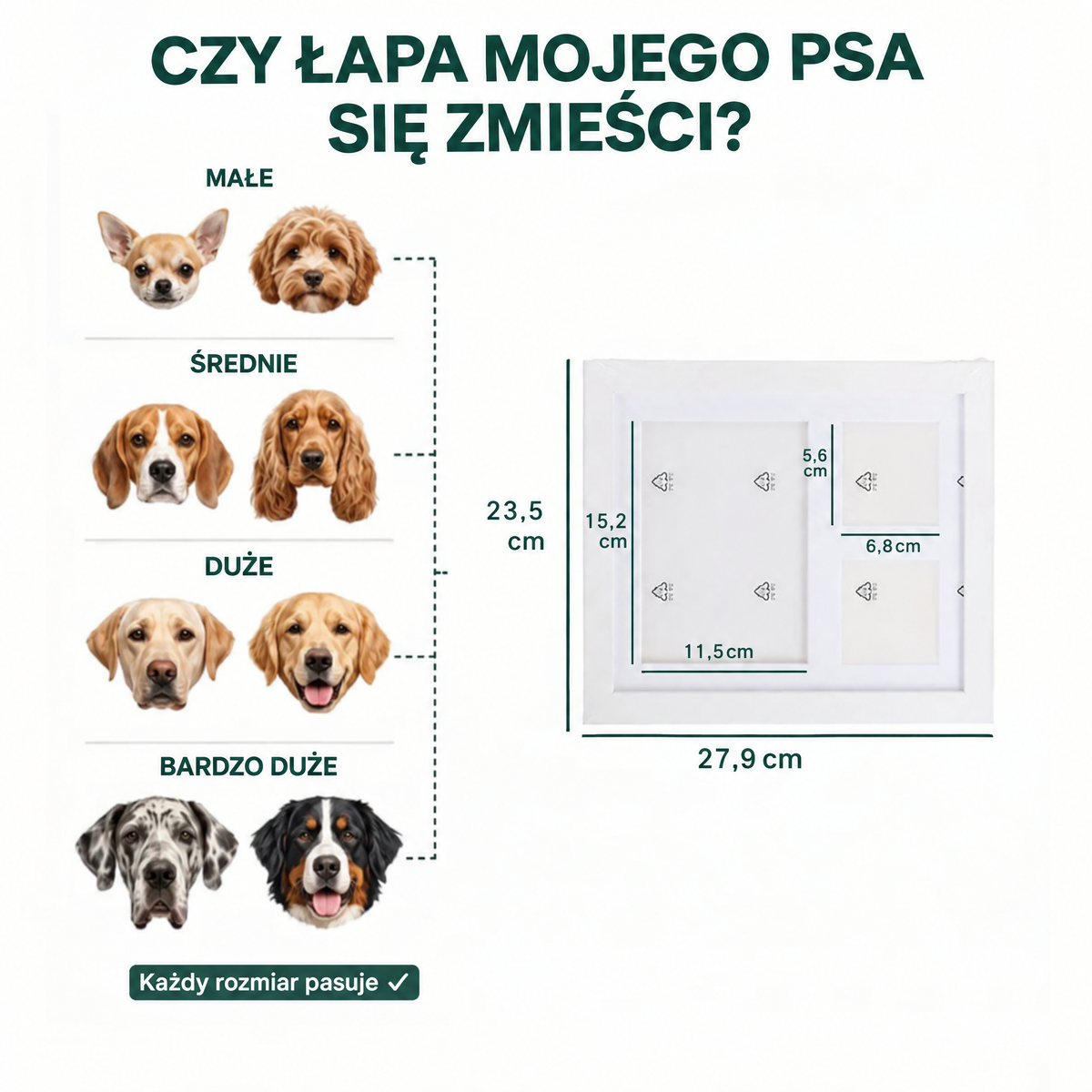 Czy łapa mojego psa się zmieści: wymiary ramki 27,9 x 23,5 cm