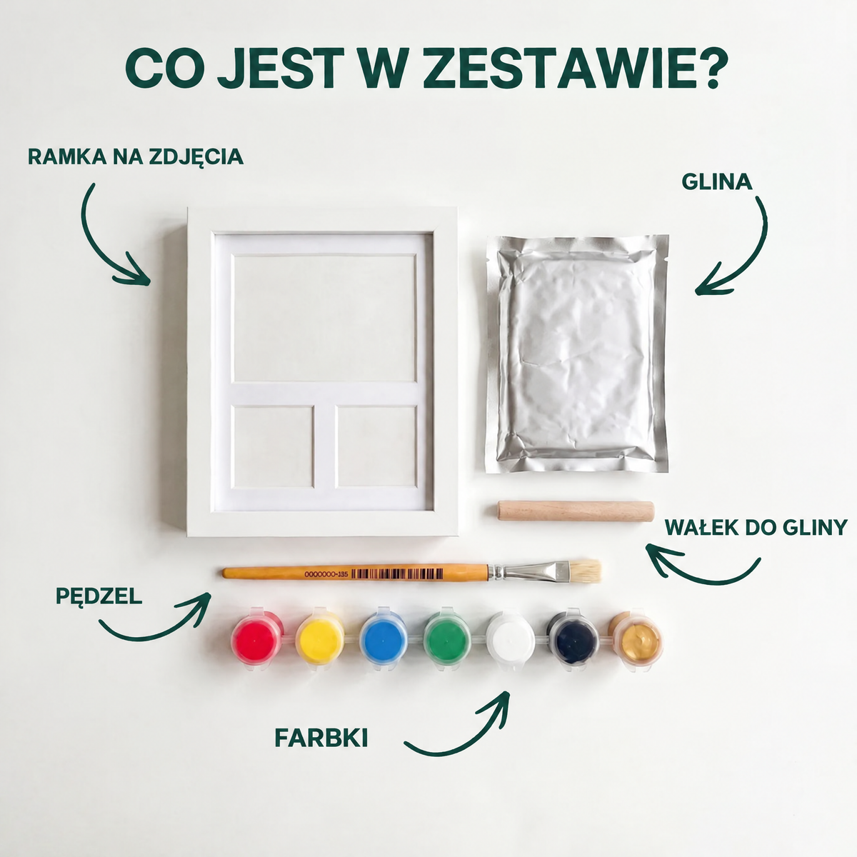 Co jest w zestawie: ramka, glina, wałek, pędzel, farbki